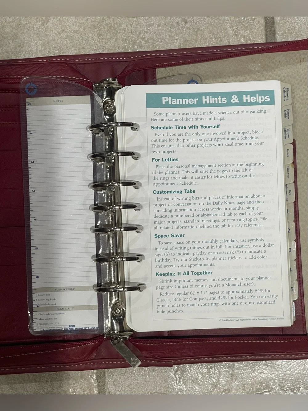 Franklin Covey Red Leather 7 1/2” Ring Planner Binder